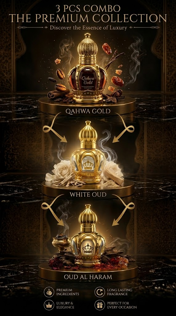 3 pcs combo, oud al haram , Qawah Gold &amp; white oud